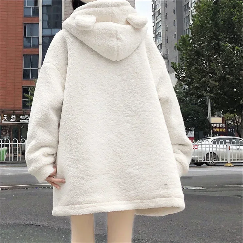 Japanese Academy Style Cute Little Bear Lamb Wool Top Autumn Winter Women New Plush Thickened Loose Gentle Coat Hoodies Y2k