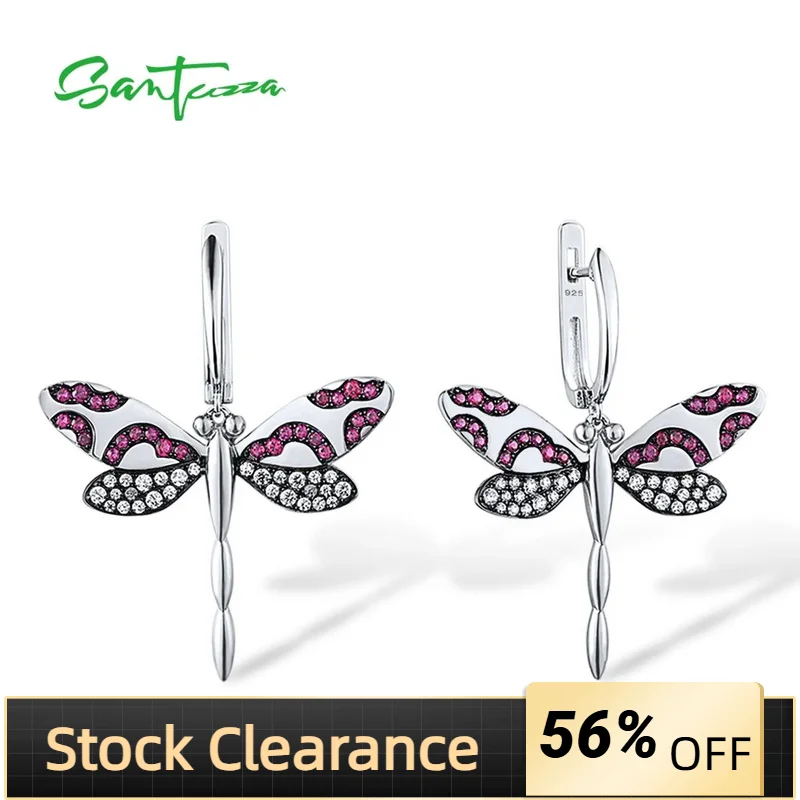 

SANTUZZA Pure 925 Sterling Silver Earrings For Women Lab Created Ruby White CZ Pink Dragonfly Drop Earrings Trendy Fine Jewelry