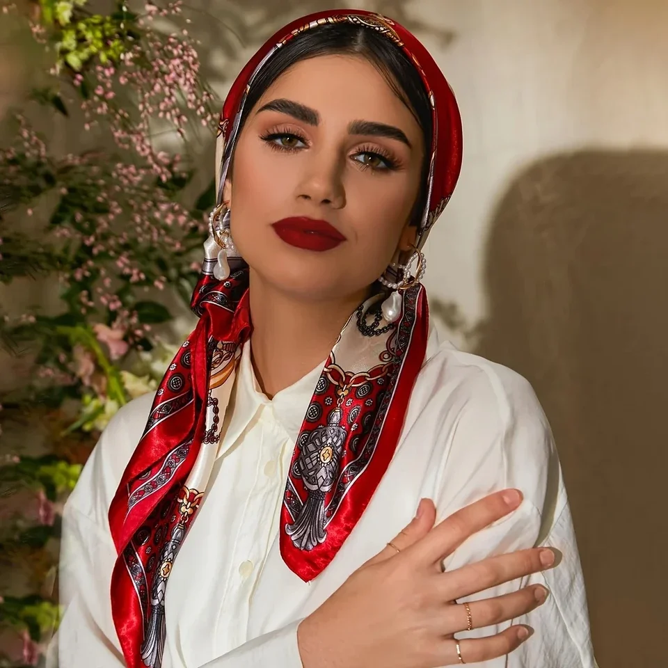 Muslim Chain Print Square Hijab Scarf Silk Satin Shawl Mature Matching Sunscreen Head Wrap #5