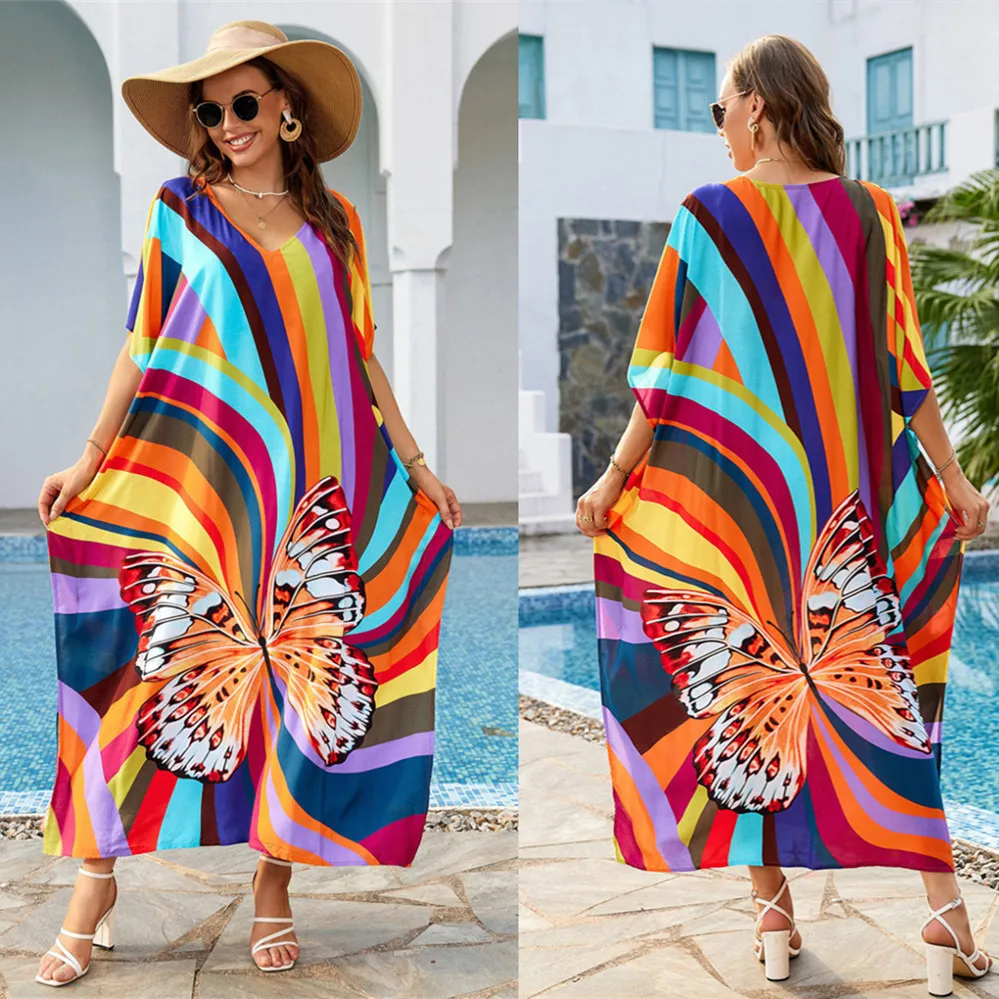 

Striped Butterfly Printed Bikini Cover Up Summer Women Beachwear Kaftan Long Maxi Beach Dress Tunic Swim Suit Cover Up Sarong