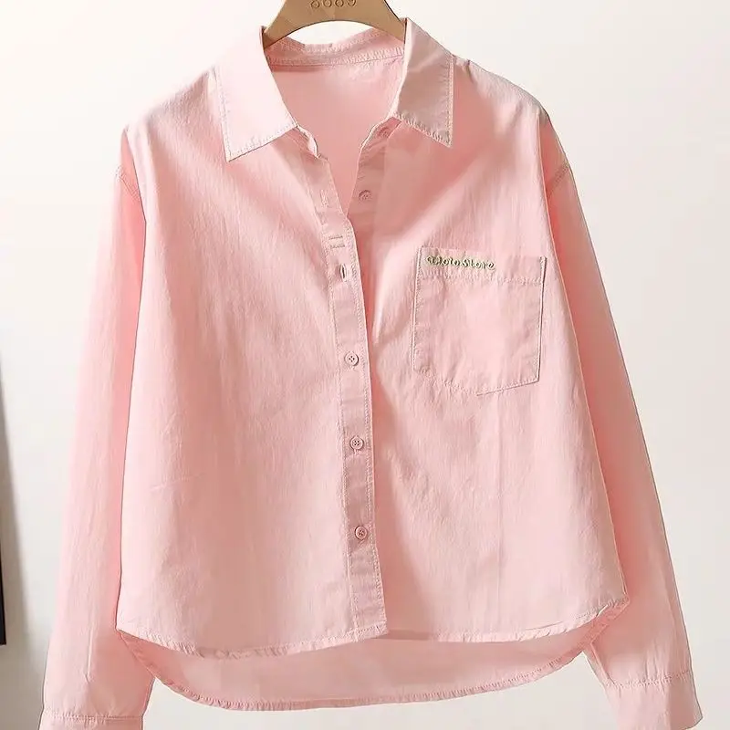

Short Pure Cotton Shirt Women's 2024 Fashion Embroidered Letter Pocket Loose Casual Shirt Women Versatile Casual Top