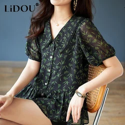 Summer New Vintage Printing Loose Casual Blouse Female Short Sleeve Fashion All-match Buttons Top Women Oversized Elegant Shirt