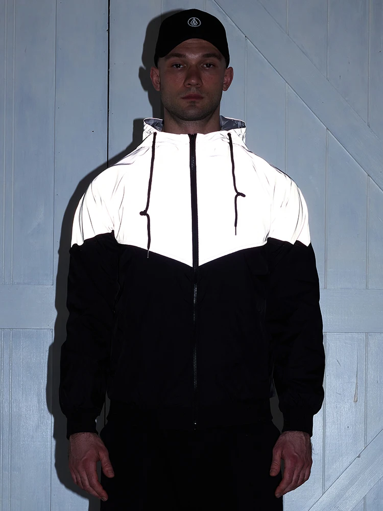 Night Reflective Clothes Men's Loose Casual Hooded Jacket Windproof Outdoor Run Splicing Fashion Coats Hip-hop Streetwear
