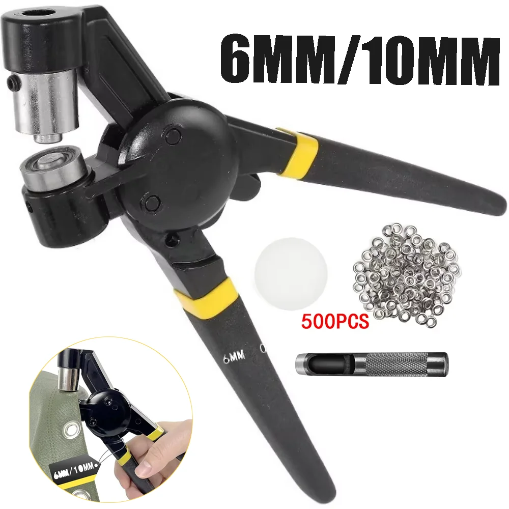 Grommet Tools Kit 6/10mm(0.24/0.4in) Hand Press Pliers with 500 Grommet Supplies Handheld Eyelet Setter for Tarp Leather Canvas