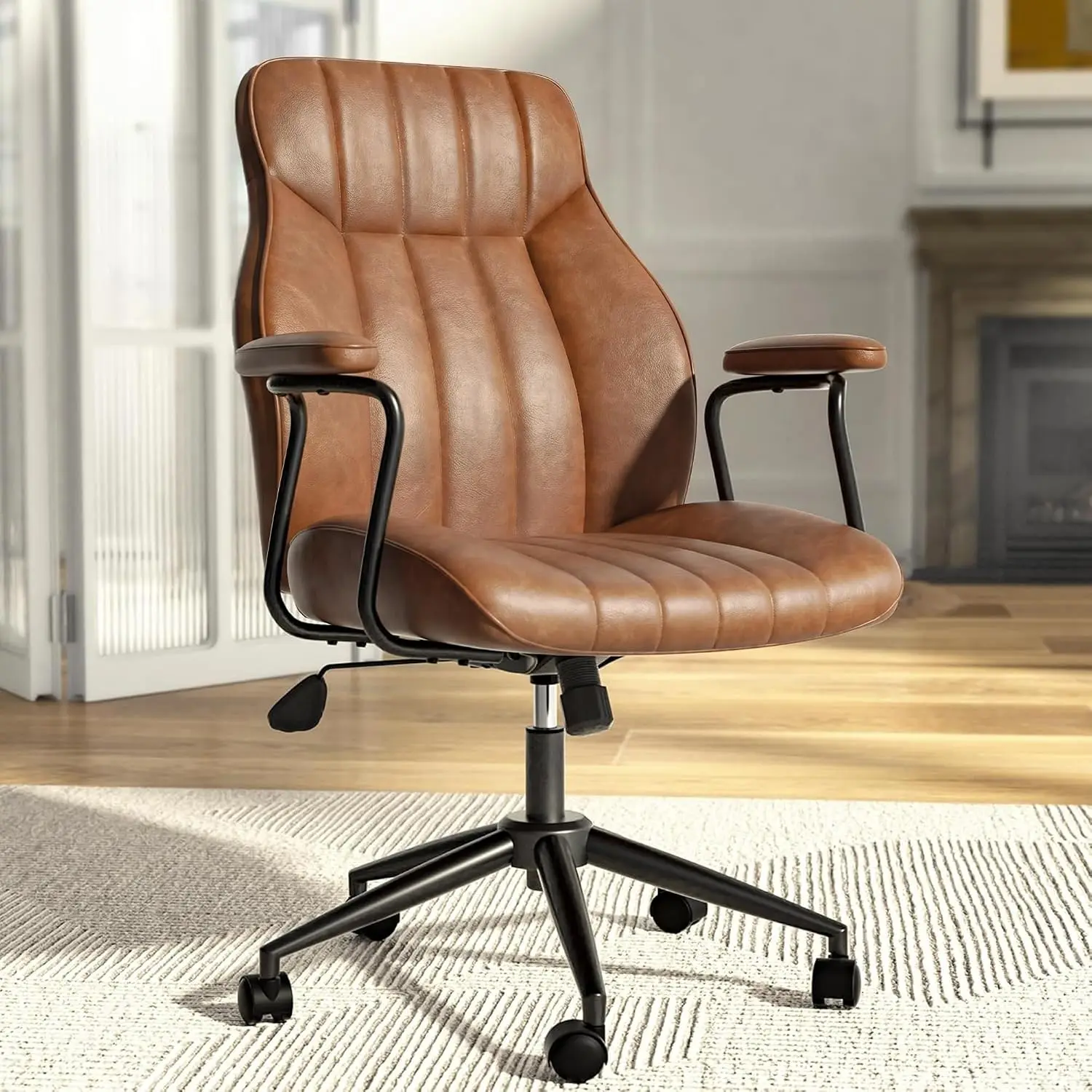 Ergonomic Curve Design, Removable Padded Arms, Height Adjustable Swivel Seat & Smooth Wheels, Vintage Mid-Back Computer Chair