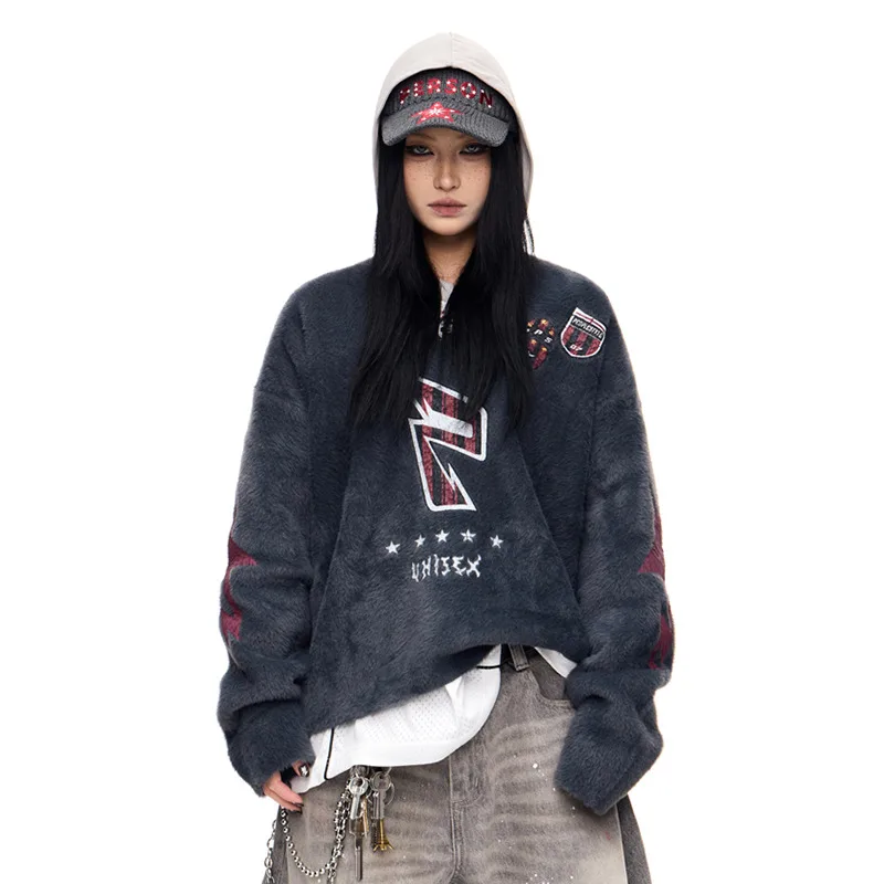 MWJLPWQ プリントフェイクファーVネックプルオーバーセーター メンズ ハイストリート グレー ユニセックス ニットウェア ルーズ カジュアル トップス 2025年秋新作 11206