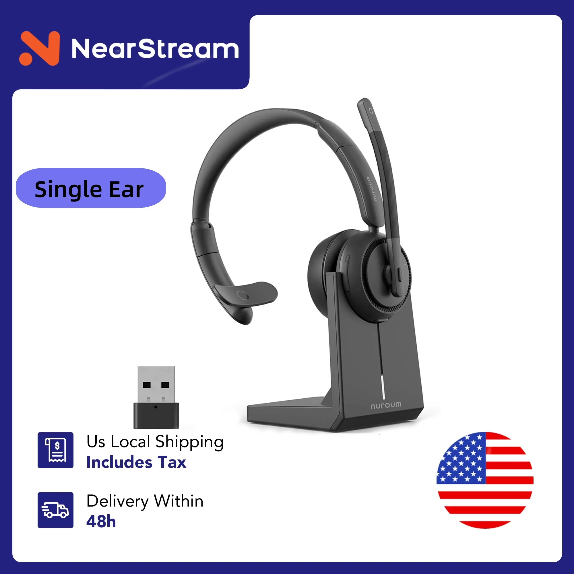 

Nuroum HP31S Wireless Single Ear AI Noise Cancellation Headset With Charging Stand Mics Bluetooth USB/Type-C/Type-A