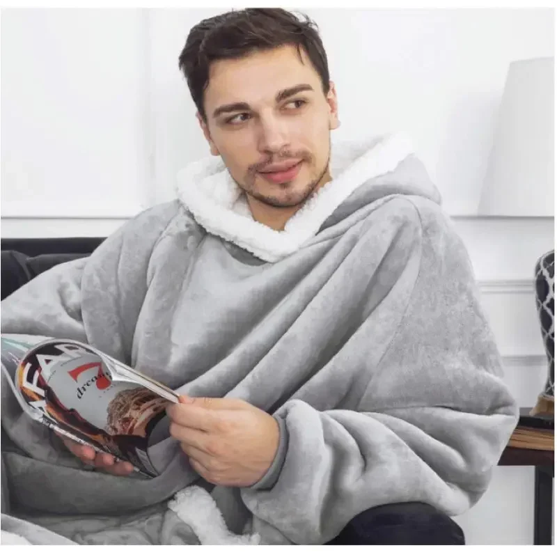 Sudaderas con capucha de invierno, manta gruesa y cálida de lana gigante para TV, manta usable de gran tamaño con mangas de franela, manta con capucha