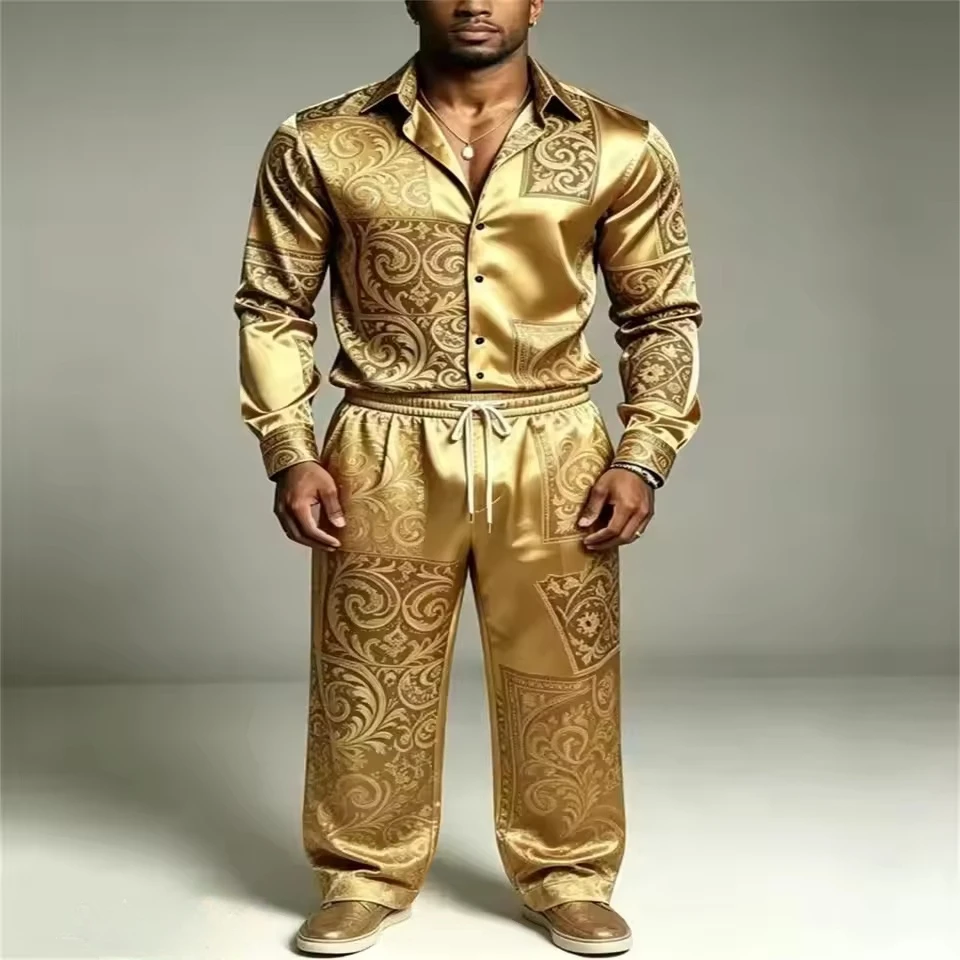 New Men's Two Piece Satin Silk Set Long Sleeve Paisley Printed Shirt and Elastic Waist Pants High end Gold Party Wedding Casual