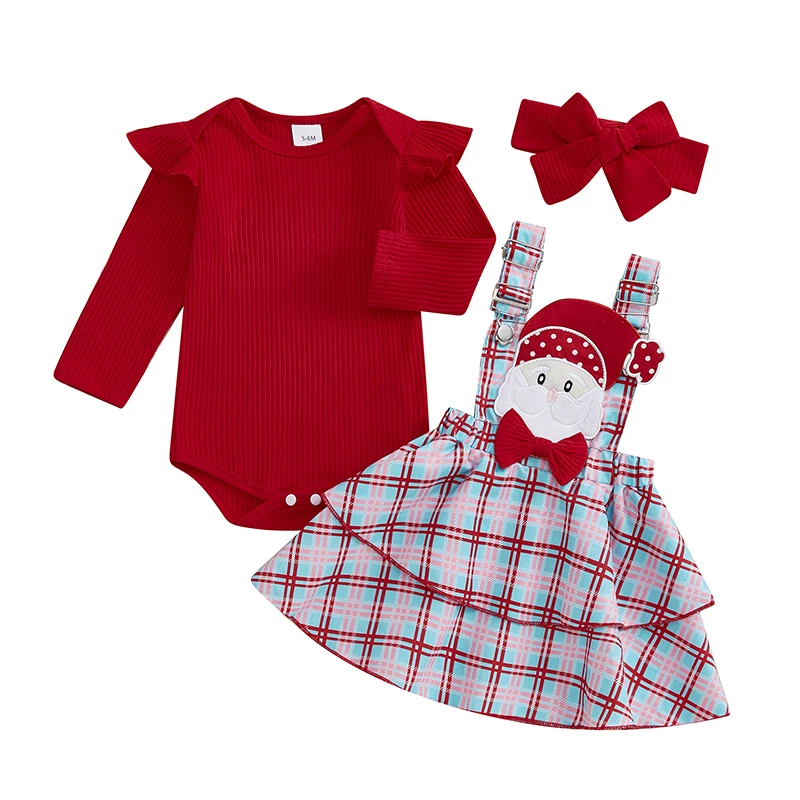 

Baby Girl Christmas Outfit Solid Ruffle Long Sleeve Romper Santa Plaid Suspender Skirt Headband 3 Piece Set