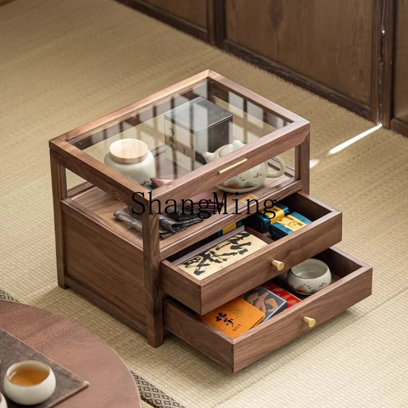 

FG New Chinese Walnut Tea Set Storage Cabinet Multi-layer Drawer Glass Shelf Tea Room Storage Locker