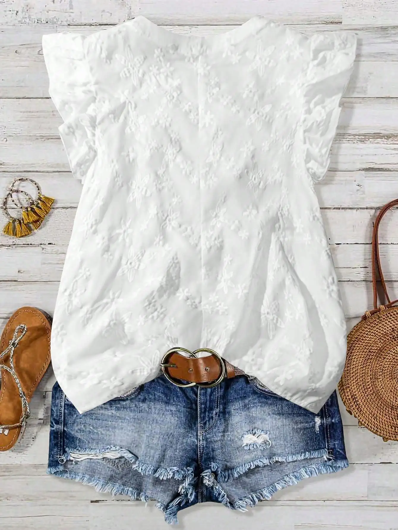 

White Floral Embroidered Ruffle Sleeve Blouse For Women