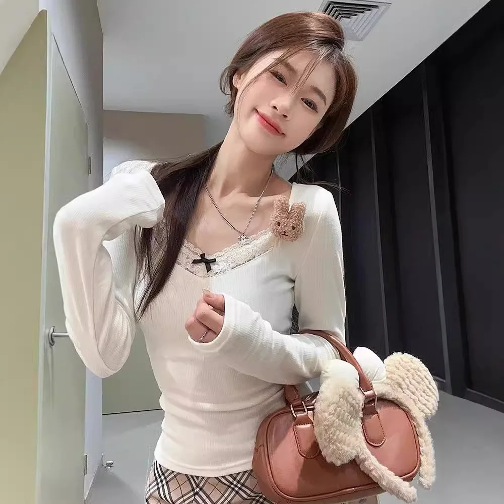 Thickened Fleece Long Sleeve Women's Thermal T-shirt Lace Patchwork Warm Base Shirt Grey Slim Fit Inner Wear Fleece Lined