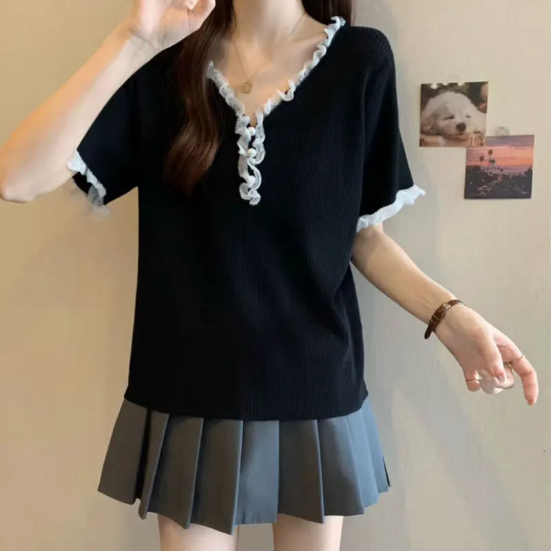 Fashionable Ruffles Spliced Pullovers Women's Clothing Solid Color Basic Summer Lace V-Neck Korean Short Sleeve Loose T-shirts