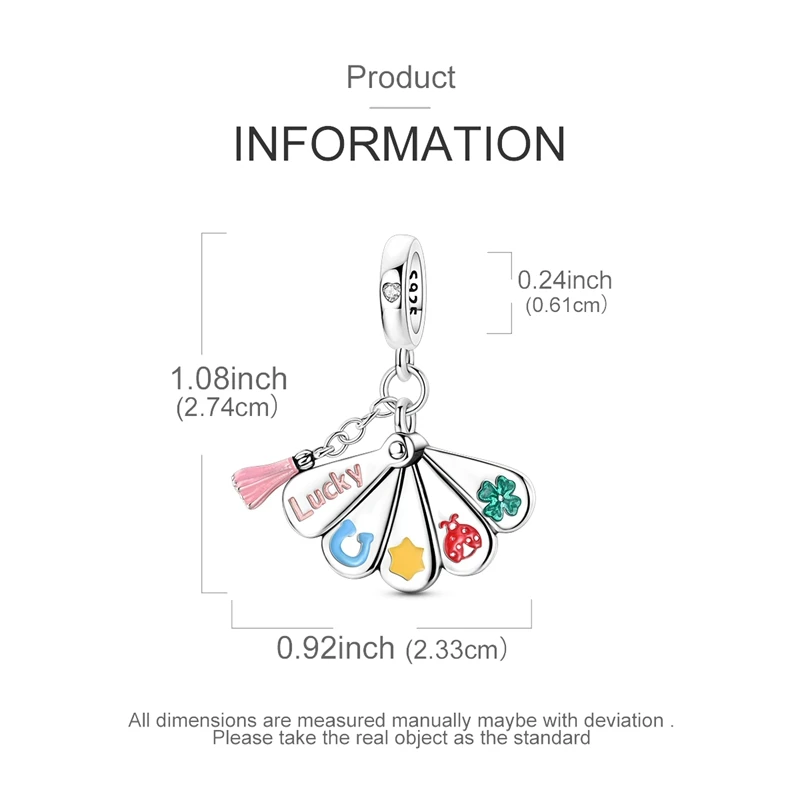 Lucky Fan Dangle Charm 925 Sterling Silver Bead Lucky Symbols Pendant Clover Ladybug Star Tassel Fit Women Bracelet Jewelry Gift