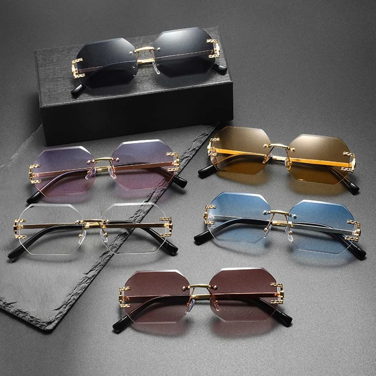 

New Advanced Rimless Trimmed Sunglasses Men's Fashion Personality Temple Sunglasses Women's Sunglasses