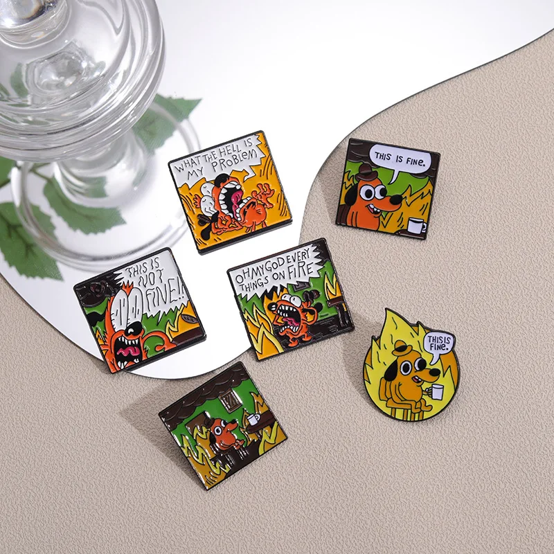 6PCS/lot cartoon yellow dog drinking coffee flame brooch anime pin