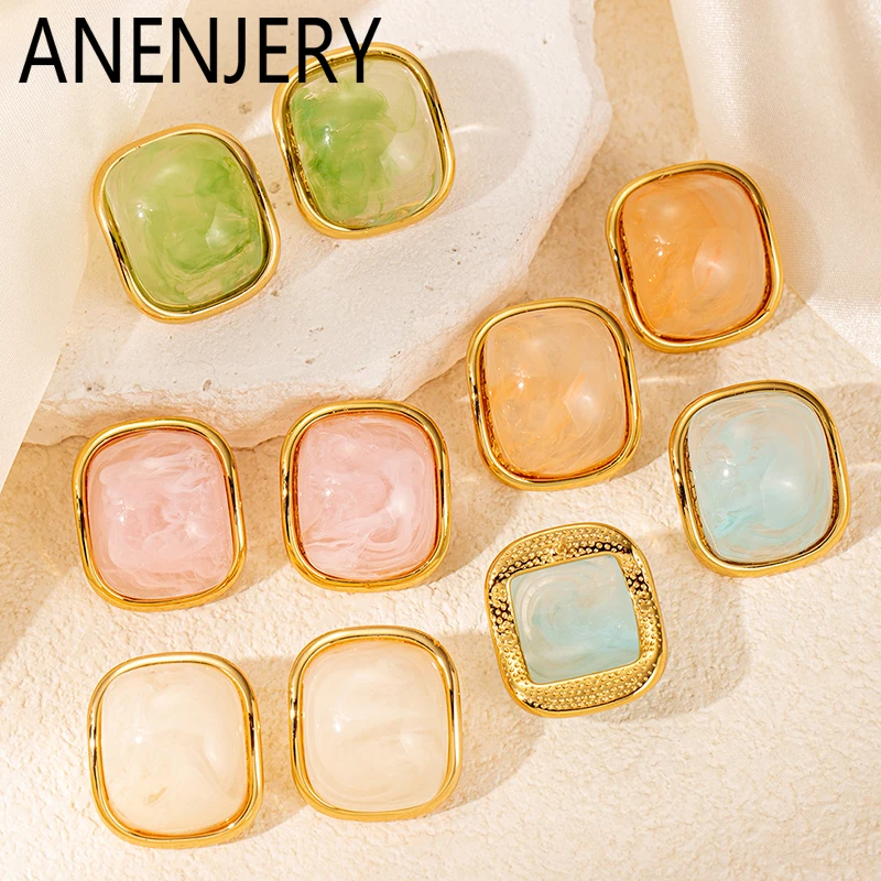 ANENJERY 316L Stainless Steel Colorful Square Earring For Women Ins Simple French Jewelry Gifts Wholesale