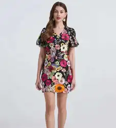 Summer Holiday Flower Embroidery Lace Prom Dress Women Brand Designer Short Sleeve Mesh Tulle Mini Evening Vestidos Party Club