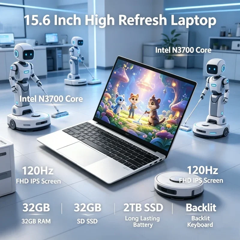 

Popular 2026 New Model Top 15.6 Inch Laptop Intel N3700 120Hz IPS 32GB RAM 2TB SSD Big Battery