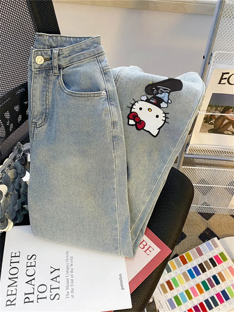 Plones Vaqueros Casus con Estampado de Anime Retro, Cintura Alta, Pierna Recta, Pierna Ancha, para Hombre y Mujer, Est...