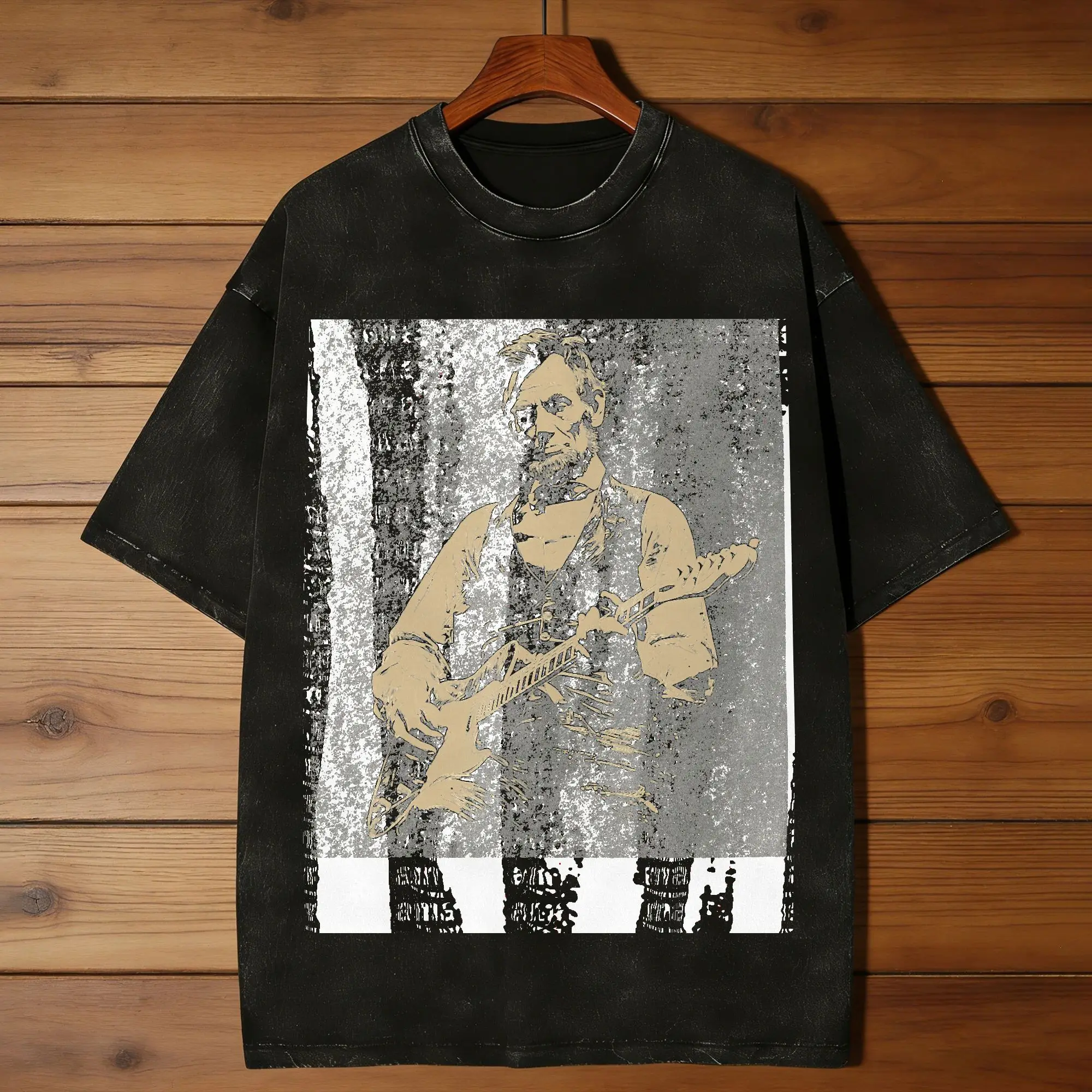 Abraham Lincoln Abe Lincoln Playing Guitar T-Shirt Men Fashion Pure Cotton Tees Crewneck Short Sleeve T Shirt Plus Size Clothing