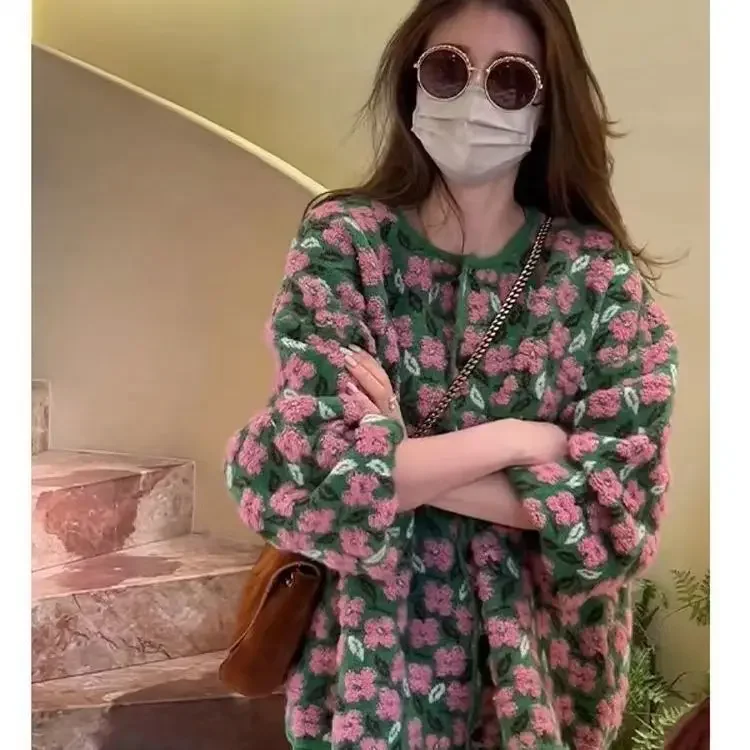 الفرنسية الرجعية كسول سترة جاكار النساء Clothign الخريف/الشتاء جديد واحدة الصدر فضفاضة الحلو سترة مشغولة من الصوف النساء بلايز