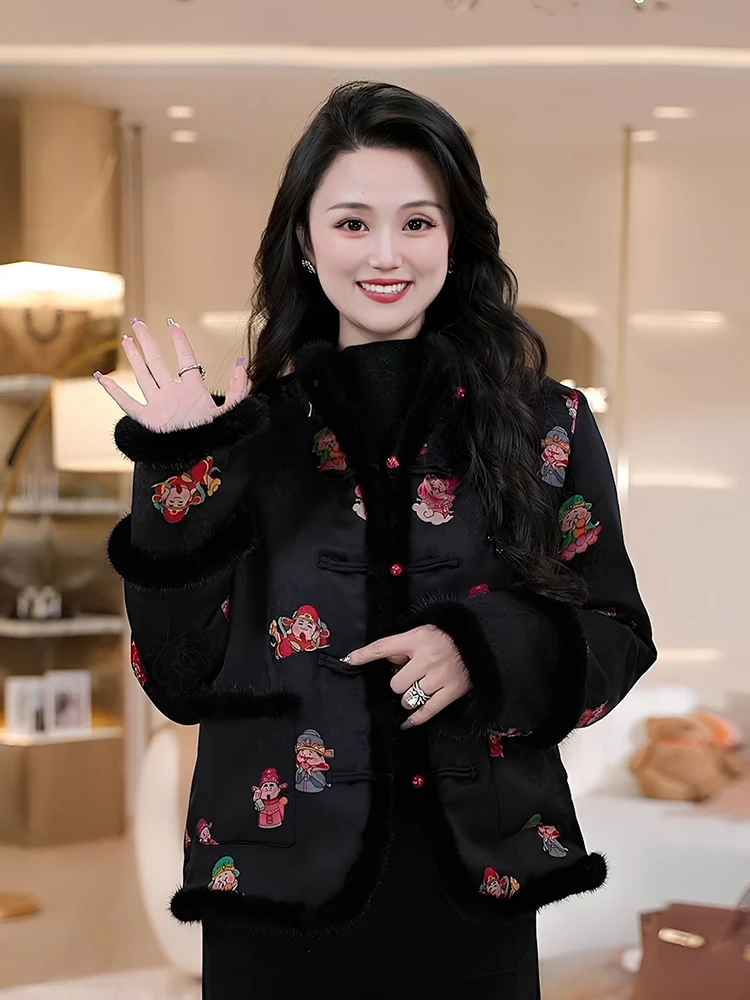 

Bla New Chinese Sle Mink Jaet Women's ort Size Small National Sle Fur Top Winter Warm Stand Collar Button Closure