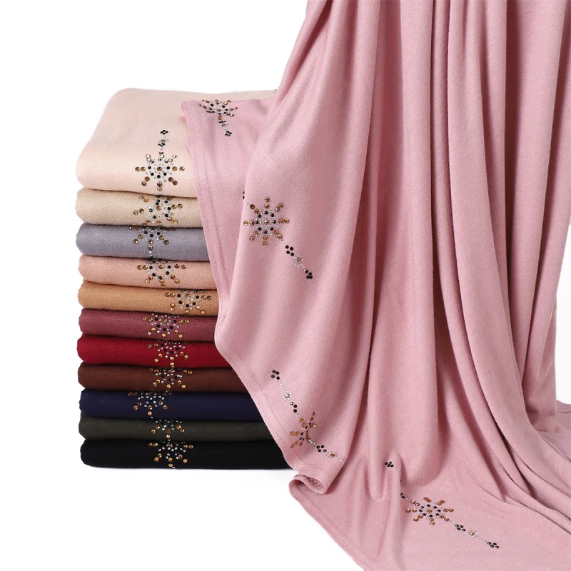 New Elastic Breathable Pure Color Mercerized Cotton Shining Ice Flower Hot Drilling JerseyjerseyShawl Baotou Scarf