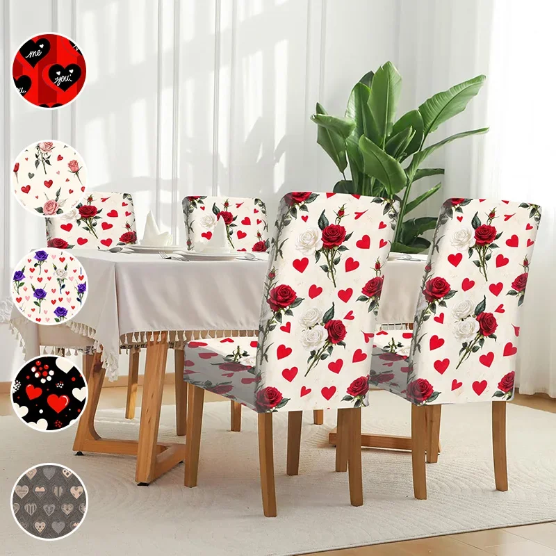 

Elastic dining chair cover, romantic rose heart pattern, removable and washable household dining chair cover, easy installation