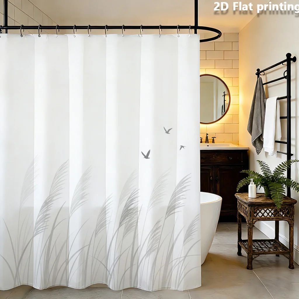 Modern Aesthetic Nature Shower Curtain Waterproof Bathroom Decor Minimalist Reeds Grass Design Curtain for Master Bath  Interior