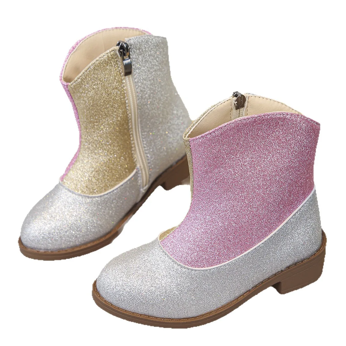 

Kids Boots for Girls Sparkly Glitter Color Block Design with Zipper Stylish Princess Ankle Boots for Toddlers & Little Girls