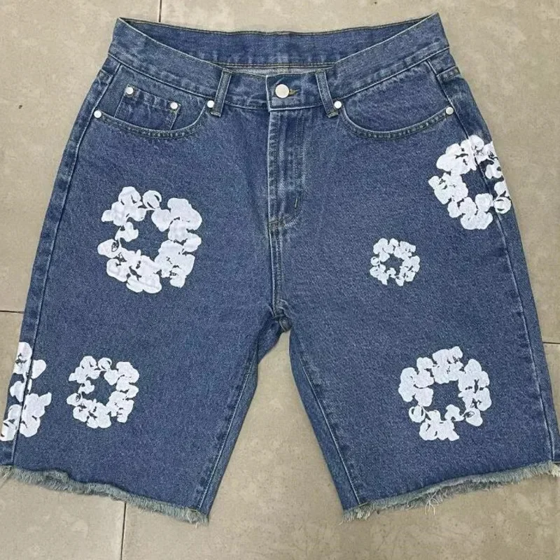American Trendy Kapok Printed Washed Jeans 2024 New Fashion Unisex Loose Casual Straight Leg Pants Shorts Y2k HipHop Streetwear