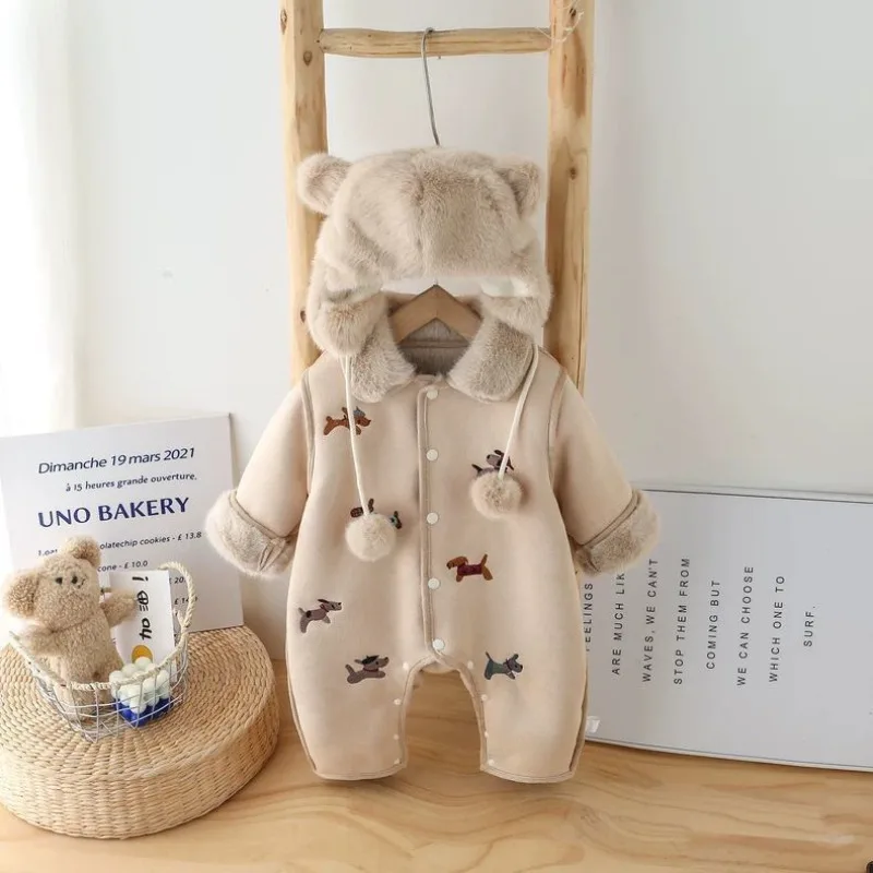 2026 Winter Plush Baby Rompers with Hat 2pcs Set Newborn Baby Clothing Infants Baby Jumpsuit Thick Fleece Warm Climbing Clothes