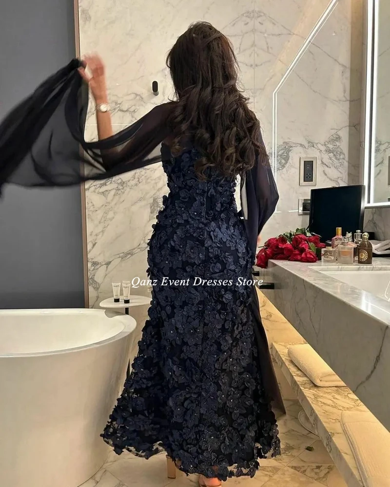 Qanz Dubai Navy Blue Tulle Evening Dress 3D Floral Chiffon Cape Mermaid Arabic Long Prom Gown Celebrity Party Dress Customized