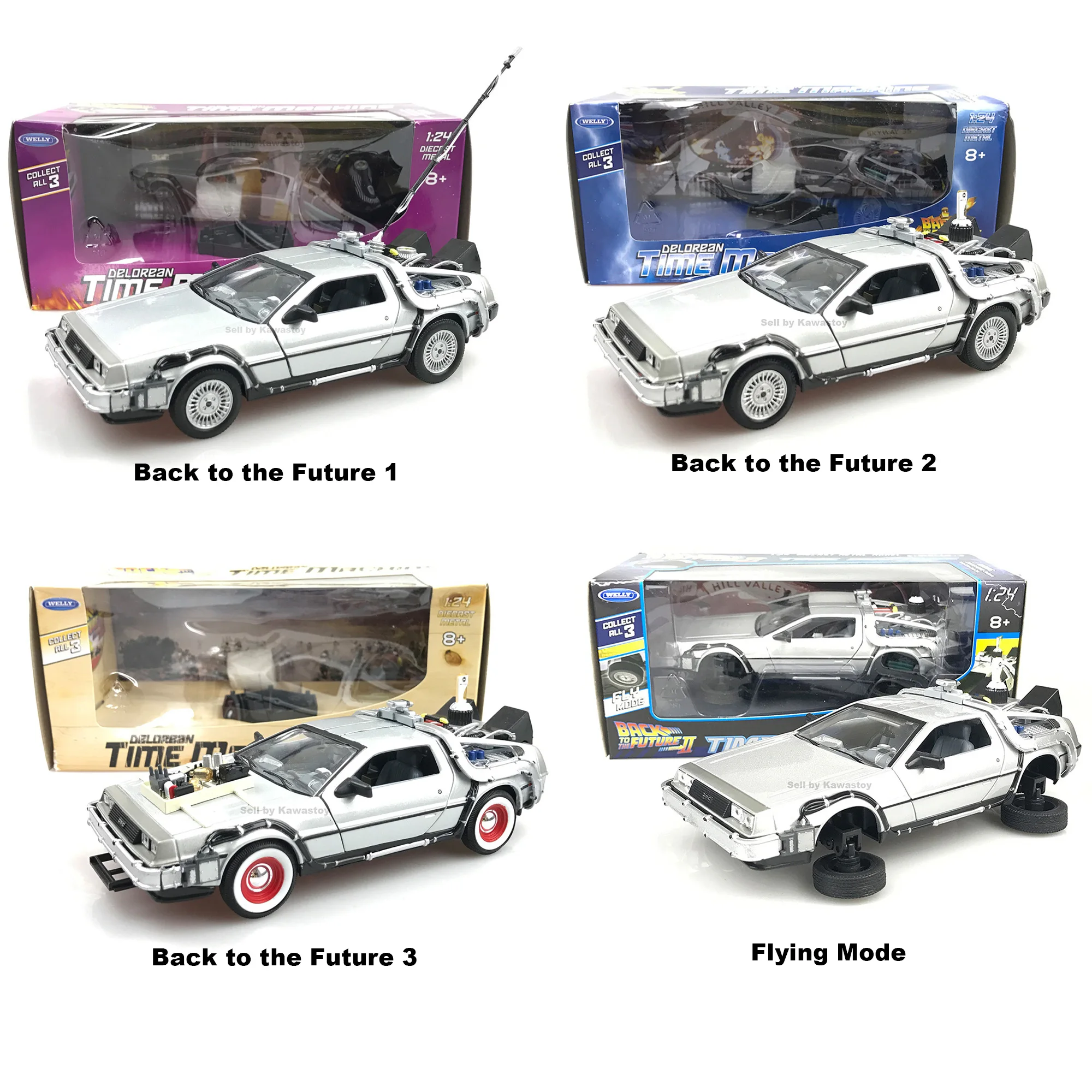 Welly 1:24 Scale DeLorean DMC Back To The Future 1 2 3 & Flying Mode Time Machine Car Diecast Model Toy From Movie