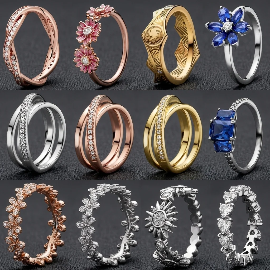 2026 Hot Sale Shiny Band Rings Daisy Flower Sun Heart Square Zircon Twisted Multi Layer Ring Set Jewelry Gift For Women Girls