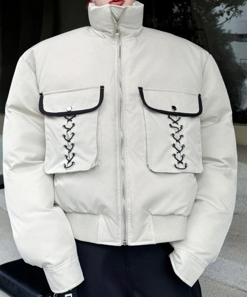 Men's 2025 Winter New Contrast Color Splicing Lace-up Tops Stand Collar Thickened Parkas High-end Large Pocket Decoration Coats