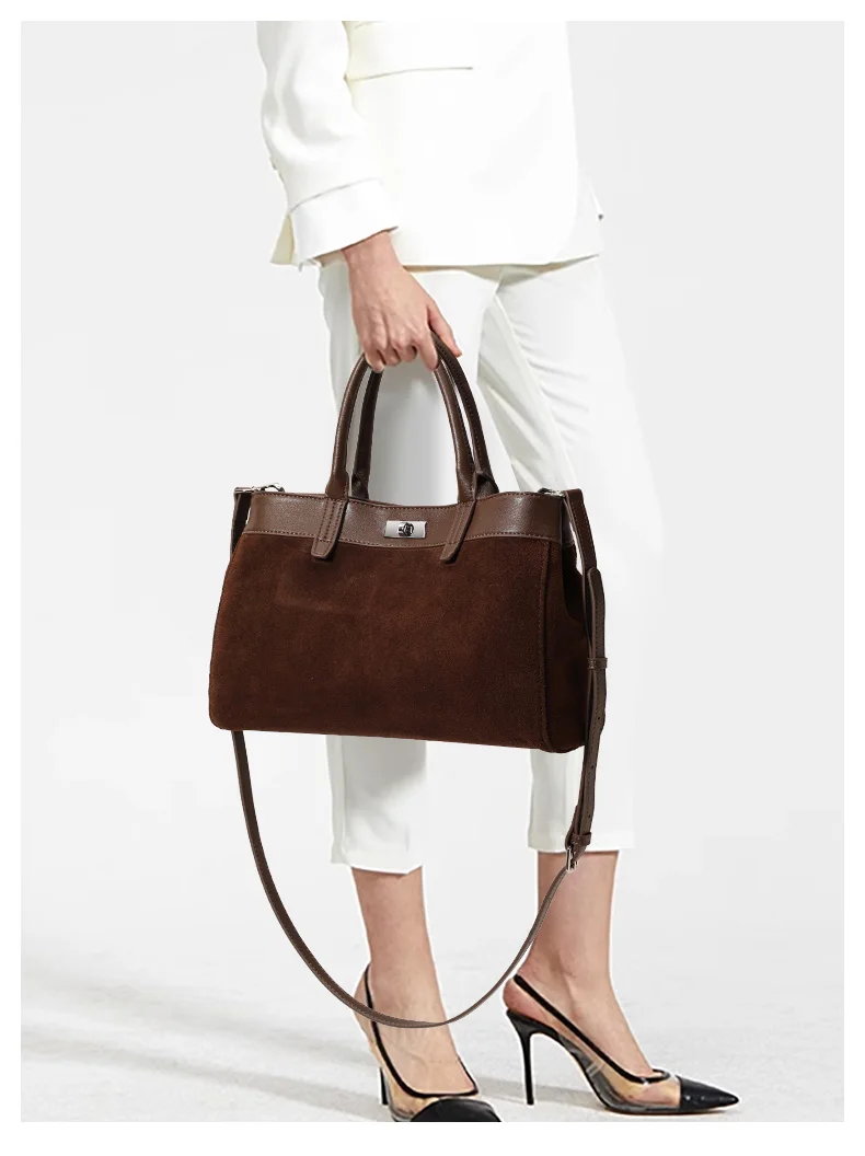 Damen Wildleder- & Leder-Tragetasche, Henkeltasche mit Silber-Verschluss, Damen-Umhängetasche Ideal für Arbeit & Alltag – Detail 3