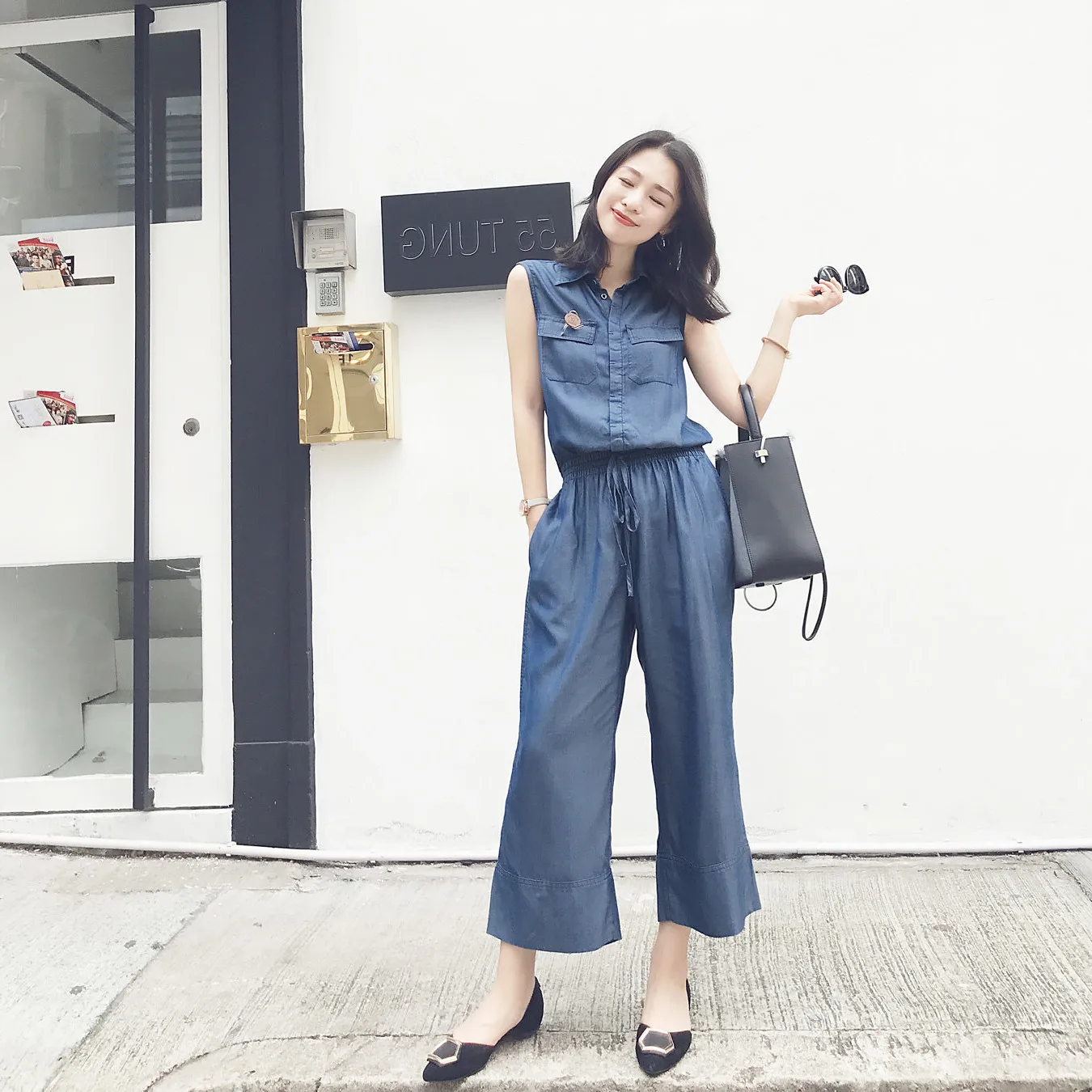 Modny kombinezon jeansowy z szerokimi nogawkami z jedwabiu z Doliny Dyni, wyszczuplający, casualowy, letni, nowy model 2024, wygodny do dojazdów do pracy, długie spodnie.