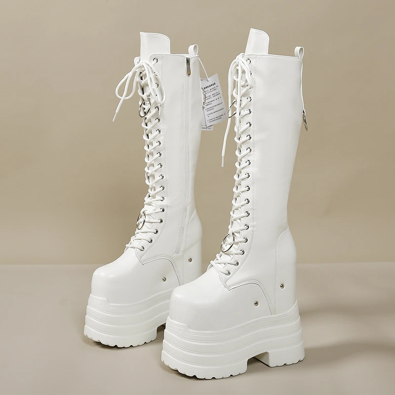 Autumn Gdgydh Large Size 42 Thick Platform Extreme High Heels Cool Motorcycles Boots Punk Style Shoelaces Knee High Boots Winter