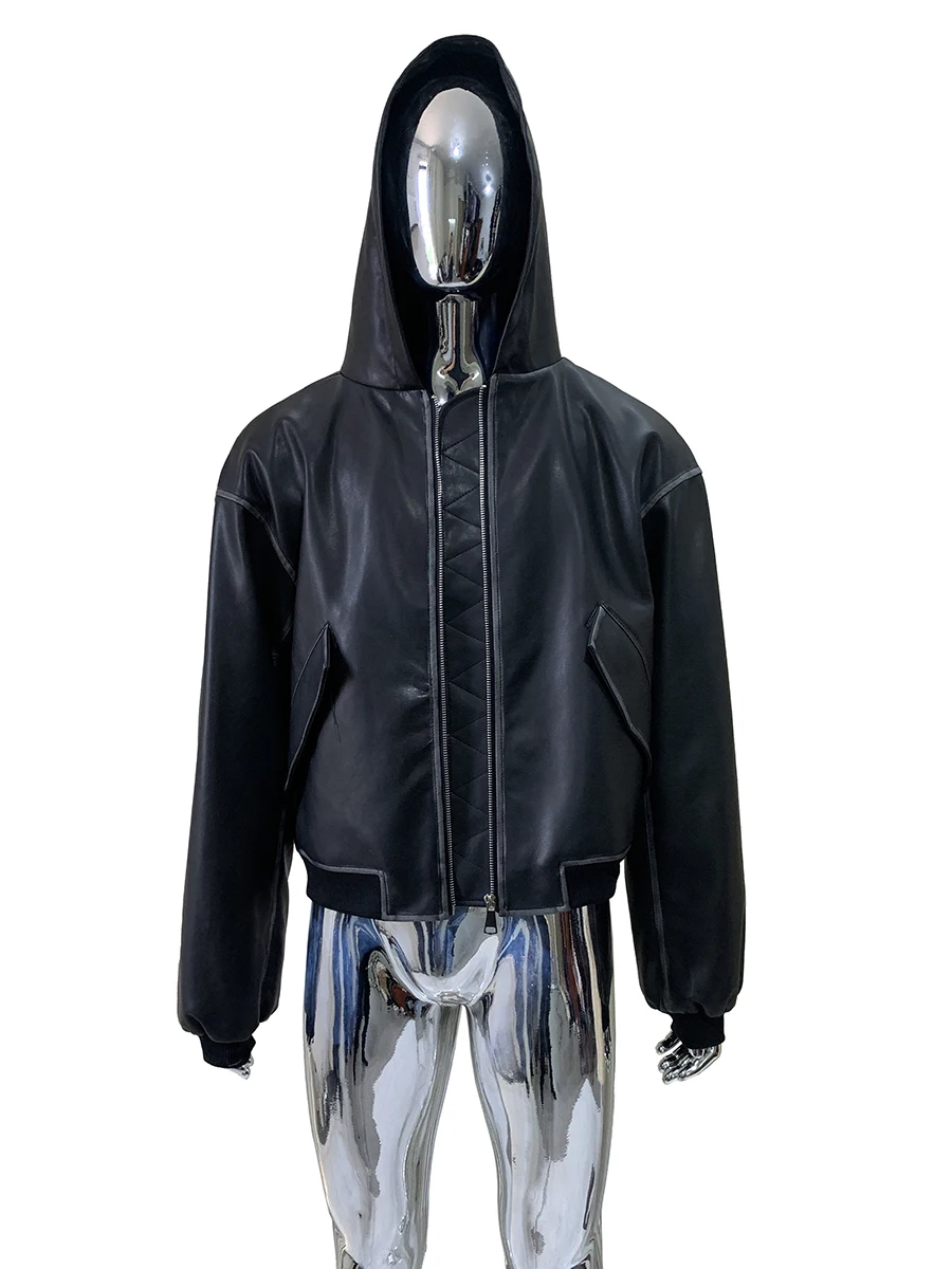 가을 겨울 숏 오버사이즈 따뜻한 두꺼운 디스트레스드 워시드 PU 가죽 재킷 남성용 후드 펑크 스타일 유럽 패션 2025