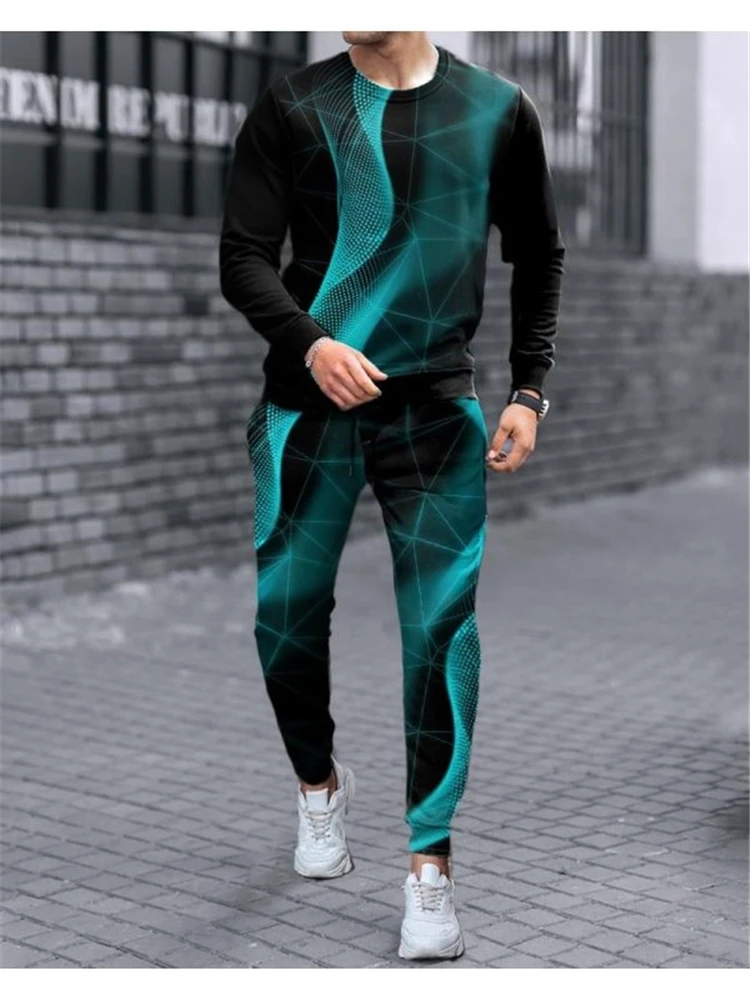 

2025 Men's 3D Printed Men's Crew Neck Long Sleeve Pants Set Breathable Quick Drying Casual Sports Outdoor Elite Men's Set