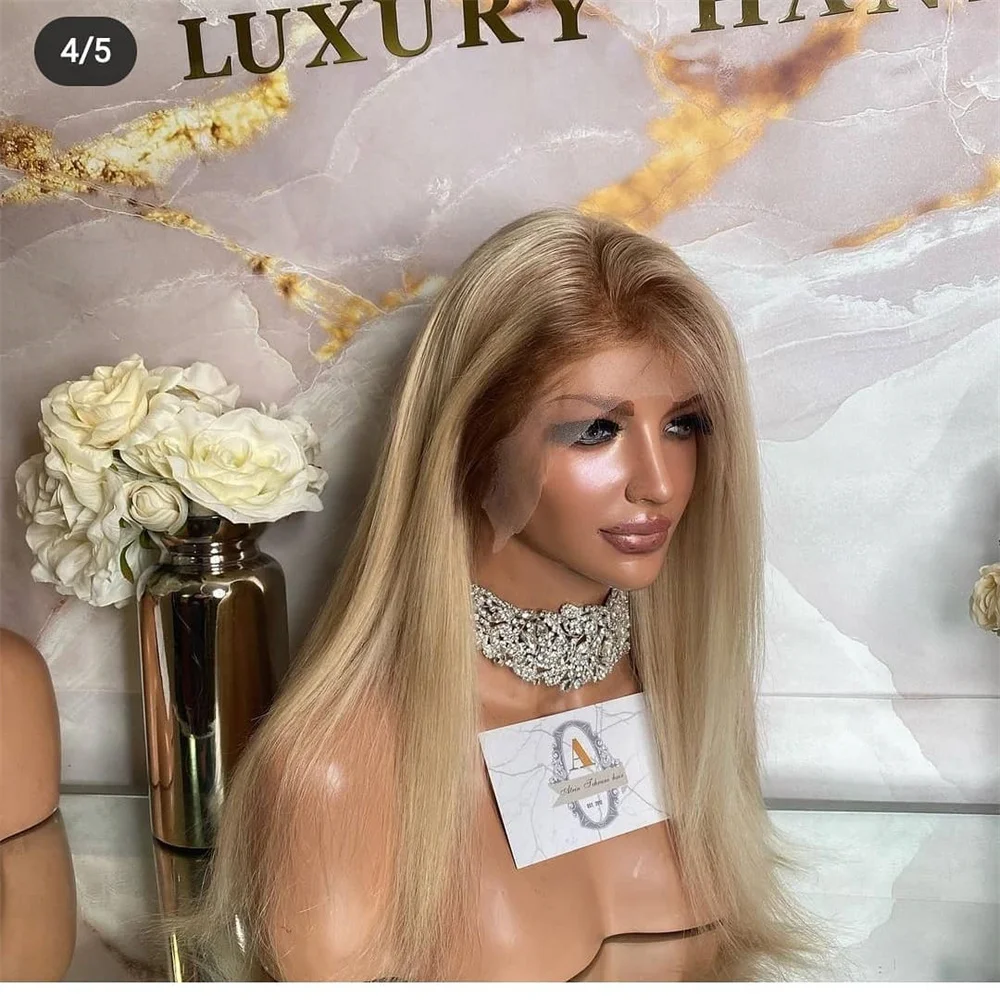 Parrucca anteriore in pizzo 13X4 parrucche sintetiche per donna parrucca da festa quotidiana lunga diritta bionda chiara frontale senza colla con linea sottile naturale