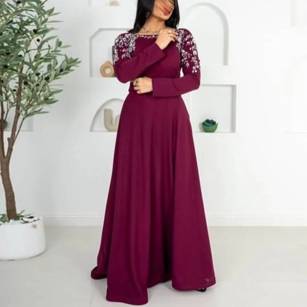 Maßgeschneidertes A-Linie-Abschlussballkleid mit U-Ausschnitt, volle Ärmel, Pailletten, Spitze, Perlenstickerei, einfache lange Abendkleider, Partykleid für Damen, Saudi