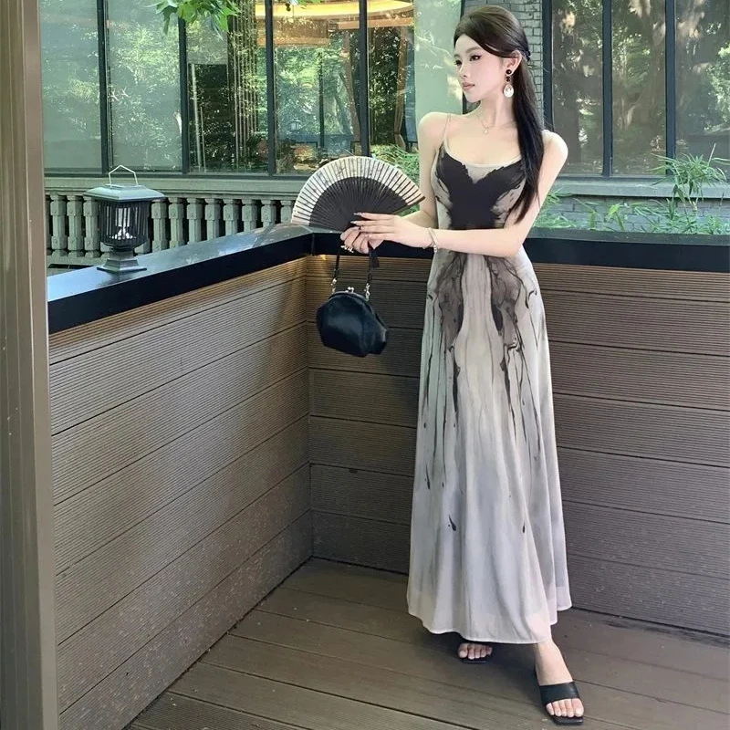 Ink Printed Camis Dress Sexy Backless Elegant Slim Butterfly Dress Mesh Lightweight Breathable See Through Party Vestidos