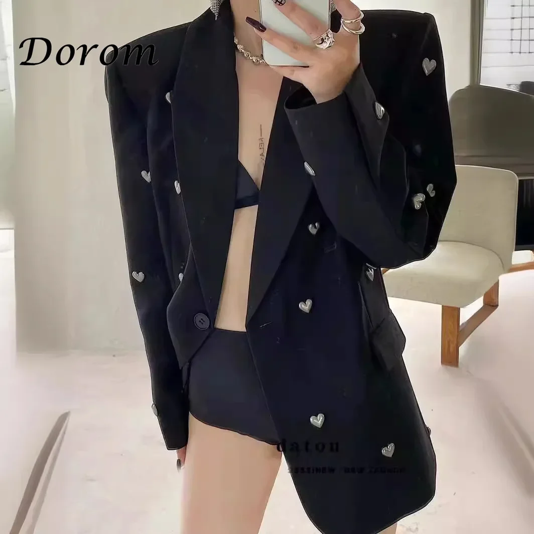 Vintage Gothic Heart Rivet Black Blazer For Women Korean Style Turn-down Collar Long Sleeves Suit Jacket Loose OL Solid Blazer