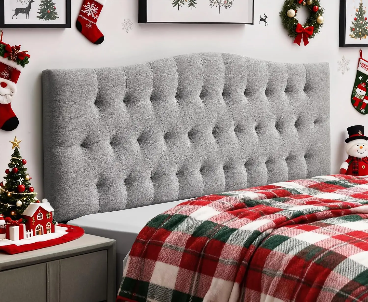 

Tufted Linen Upholstered Queen Headboard Adjustable Height 38-50in Diamond Stitch Light Gray Customized