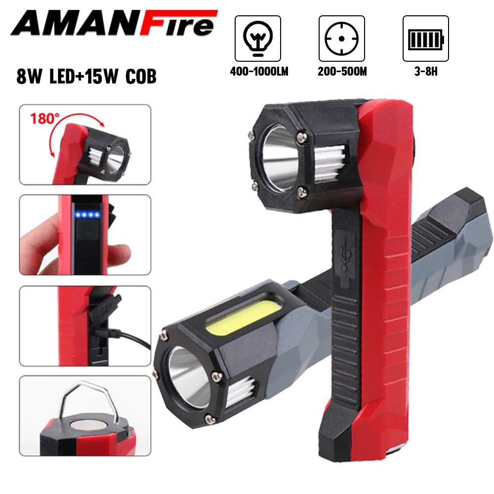 

Amanfire F11 Work Light 8W LED+15W COB 1000LM Range 500M Super Bright Built-in 18650 battery Working Lamp