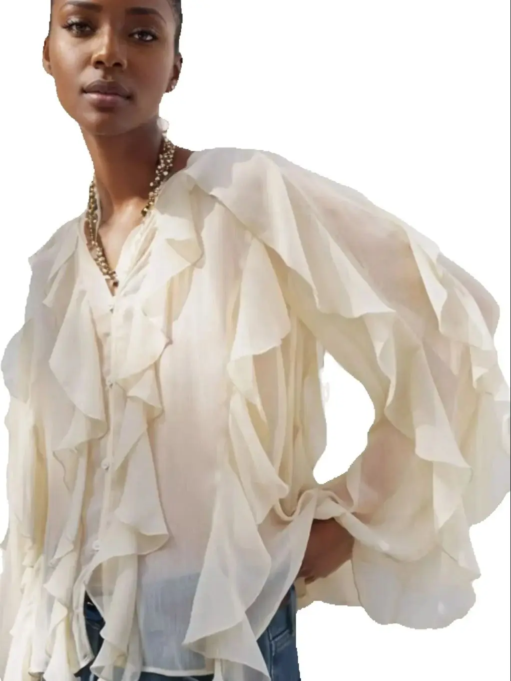 

Лето 2026, пикантные женские полупрозрачные блузки с оборками, модные однобортные многоуровневые повседневные топы с v-образным вырезом, однотонные рубашки в пляжном стиле